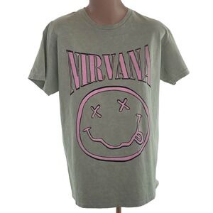 Nirvana Shirt Mens Medium Green Pink Smiley Face Rock Band Graphic Tee T-Shirt‎